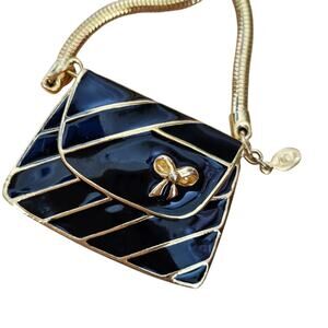 AFJ Black Enamel Mini Handbag Pendant Necklace – Gold Tone Purse Locket Style